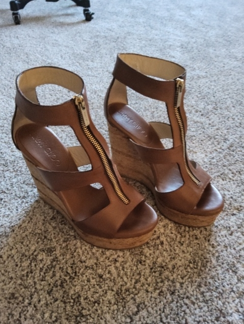 Jimmy Choo Brown Leather Cork Wedge Sandals with Gold Front Zipper